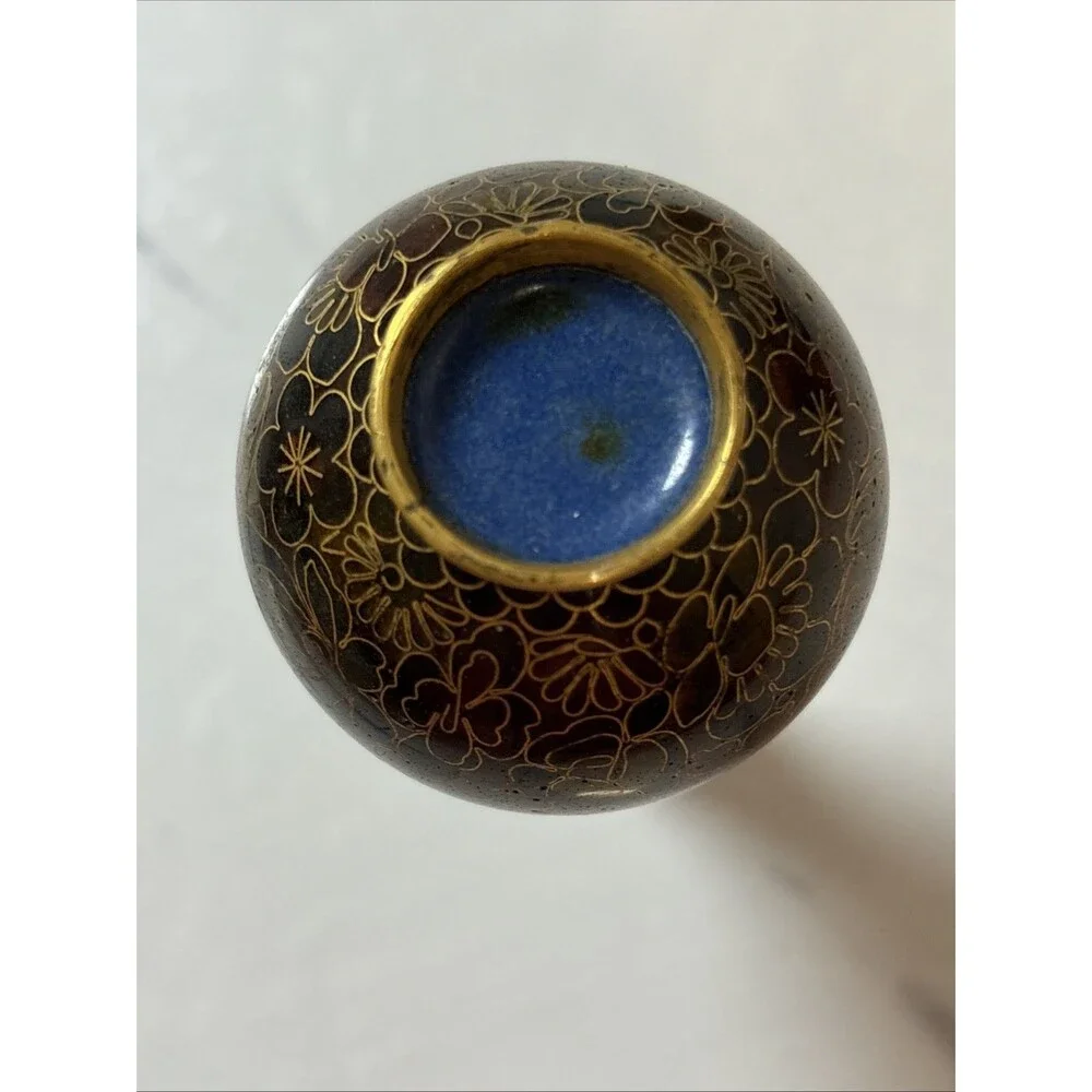Cloisonné vase brown, burgundy, black floral 4